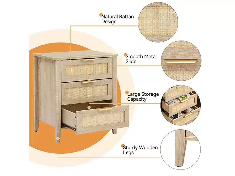 Table de chevet en rotin naturel, lot de 2, style bohème, 3 tiroirs, pour petits espaces/chambre à coucher