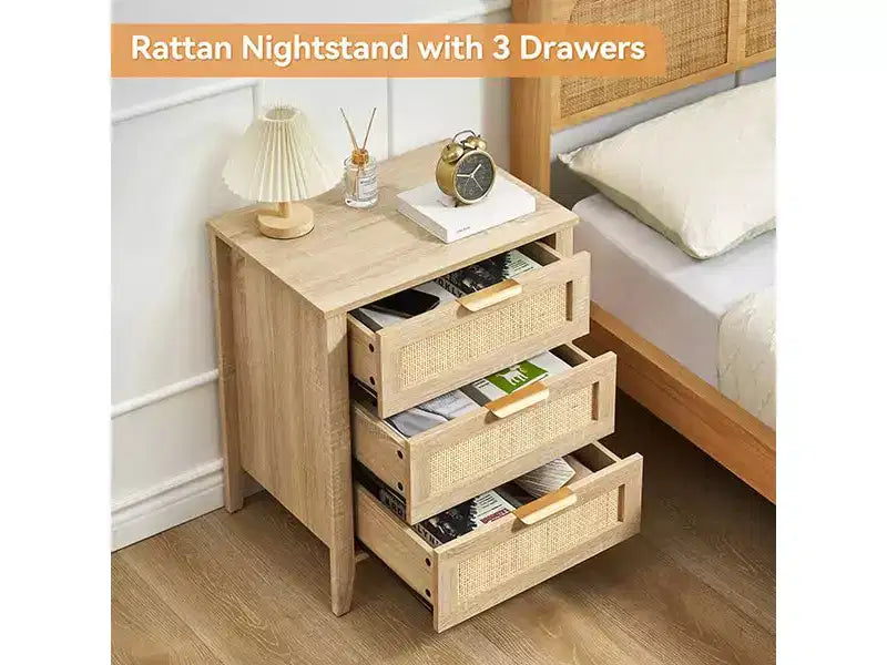 Table de chevet en rotin naturel, lot de 2, style bohème, 3 tiroirs, pour petits espaces/chambre à coucher