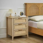 Table de chevet en rotin naturel, lot de 2, style bohème, 3 tiroirs, pour petits espaces/chambre à coucher