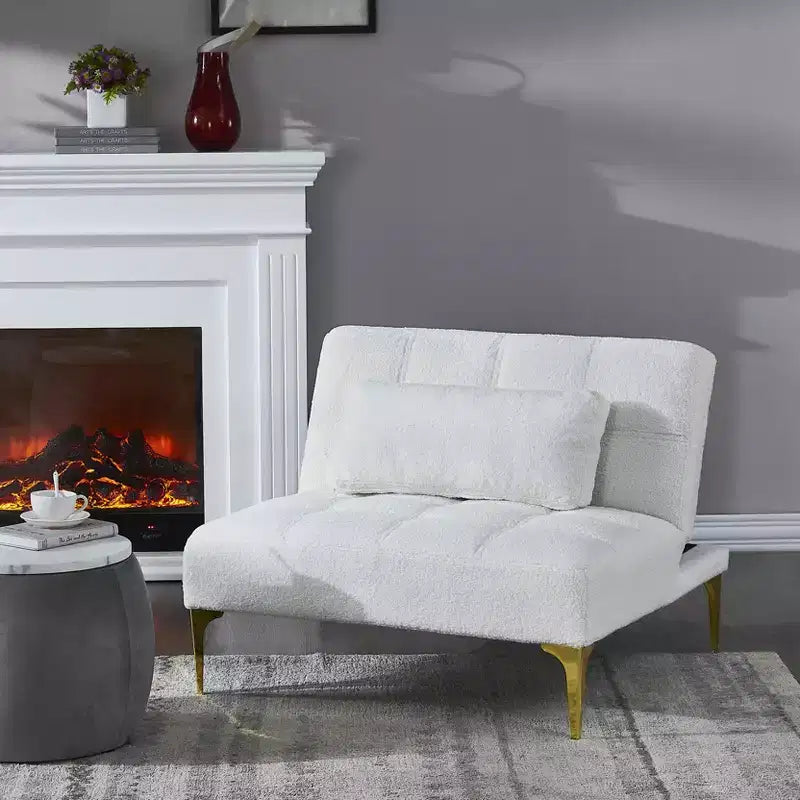 MAYEERTY Canapé simple futon confortable en tissu Teddy avec pieds en métal doré, mousse et ressorts pour salon blanc