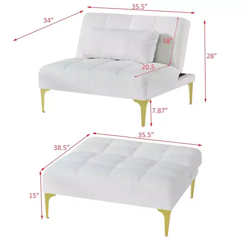 MAYEERTY Canapé simple futon confortable en tissu Teddy avec pieds en métal doré, mousse et ressorts pour salon blanc