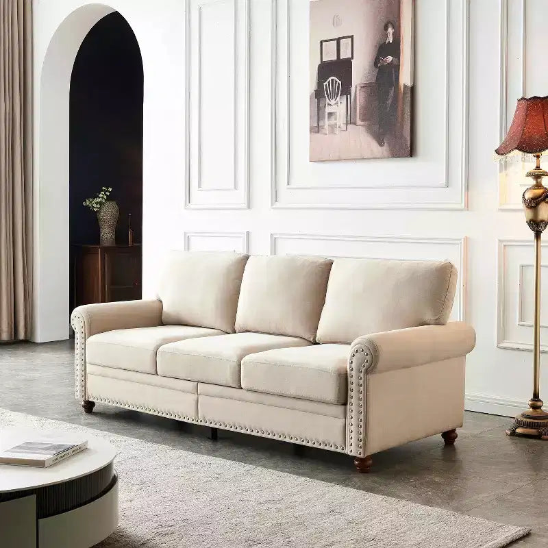 MAYEERTY Canapé en bois massif et métal avec clous décoratifs argentés et rangement sous l'assise pour salon Beige