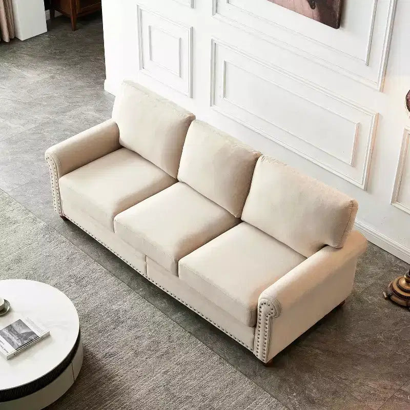 MAYEERTY Canapé en bois massif et métal avec clous décoratifs argentés et rangement sous l'assise pour salon Beige