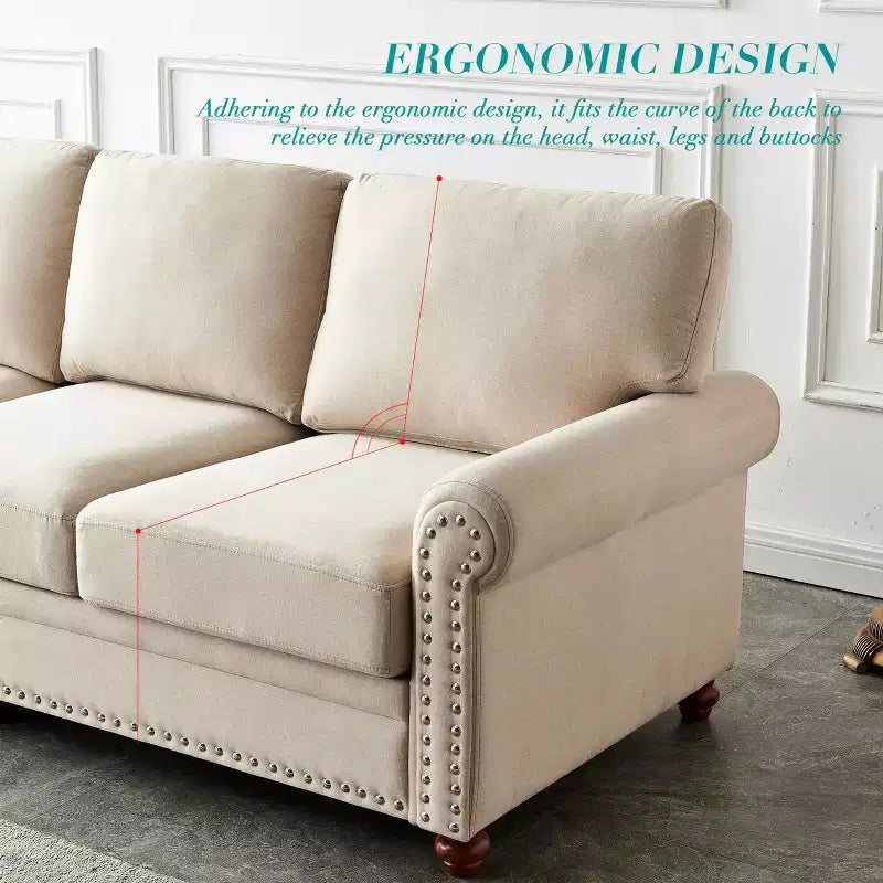 MAYEERTY Canapé en bois massif et métal avec clous décoratifs argentés et rangement sous l'assise pour salon Beige