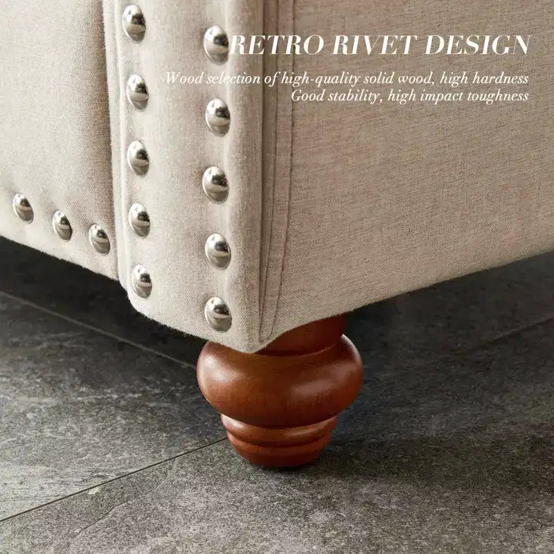 MAYEERTY Canapé en bois massif et métal avec clous décoratifs argentés et rangement sous l'assise pour salon Beige