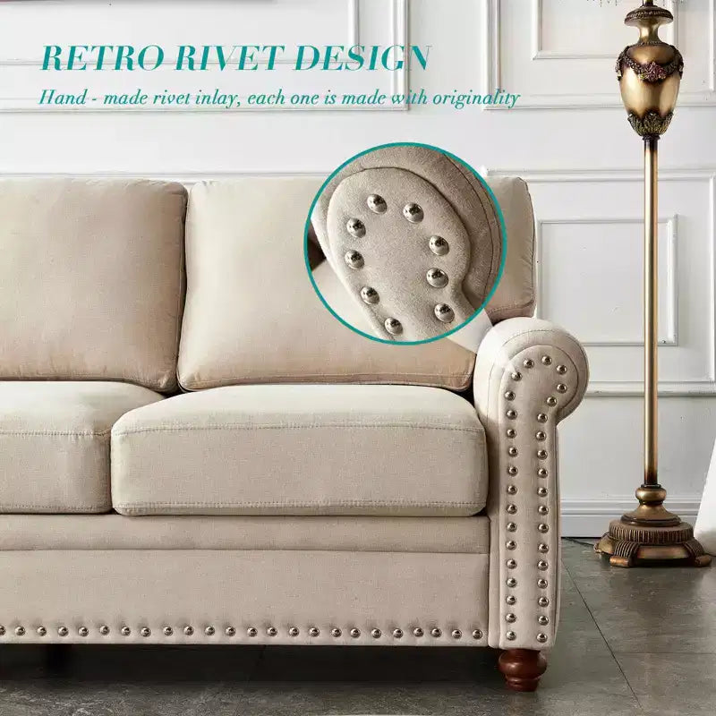 MAYEERTY Canapé en bois massif et métal avec clous décoratifs argentés et rangement sous l'assise pour salon Beige