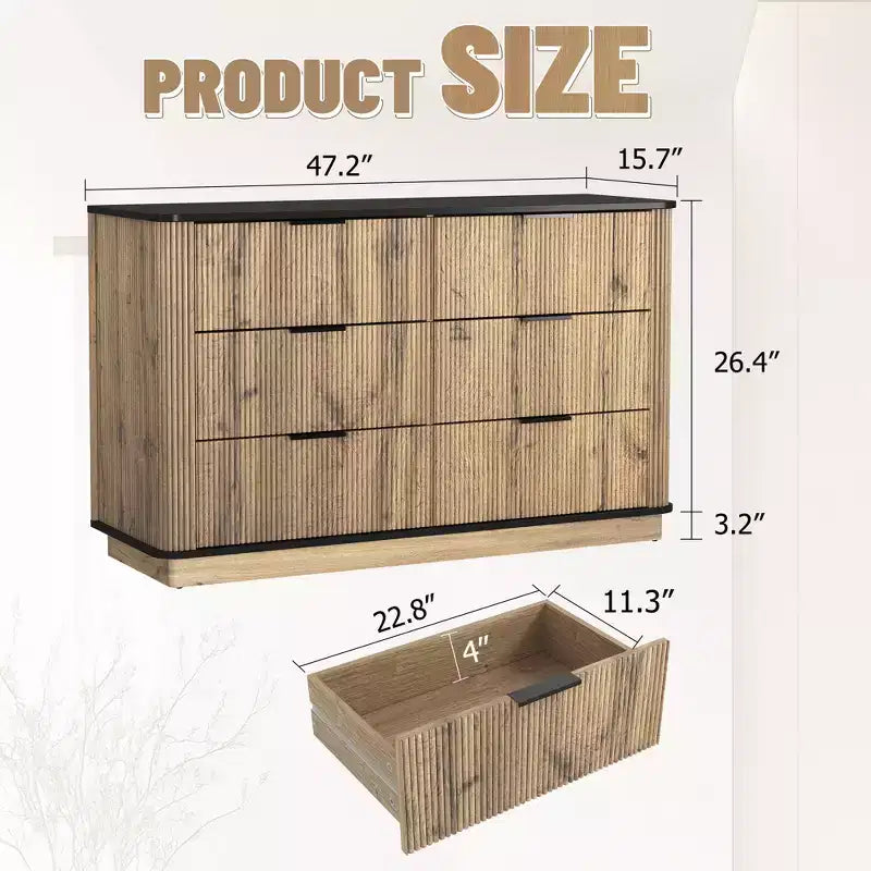JVNOXK47.Meuble Moderne Multifonctionnel à Six Tiroirs de 50,8 cm avec Coins Arrondis, Convient comme Bahut ou Meuble de Rangement, Bois Naturel