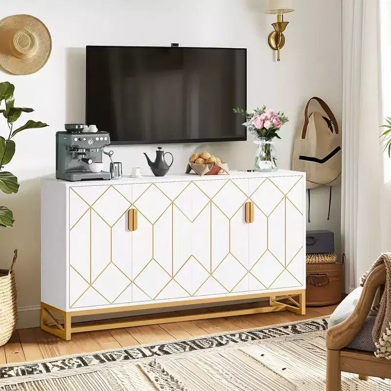 TUYOHW Meuble Buffet Moderne Blanc et Or, Buffet 150 cm avec Portes pour Rangement Salle à Manger et Entrée