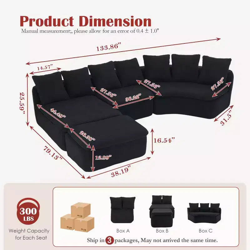 Canapé modulable incurvé moderne 133 avec pouf, Canapé sectionnel 3 places en chenille douce pour salon ou salle de séjour - Panipeachy