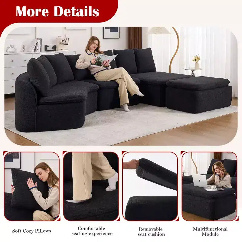 Canapé modulable incurvé moderne 133 avec pouf, Canapé sectionnel 3 places en chenille douce pour salon ou salle de séjour - Panipeachy