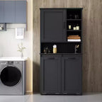 VIYET 63 Meuble de buanderie autoportant noir - Panneau de particules + MDF, panier basculant, étagères réglables et rangements multiples