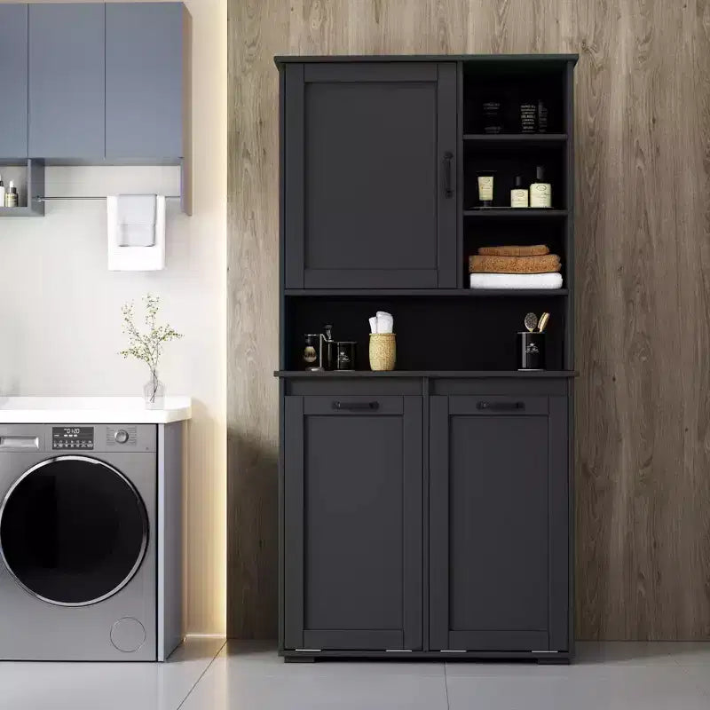 VIYET 63 Meuble de buanderie autoportant noir - Panneau de particules + MDF, panier basculant, étagères réglables et rangements multiples