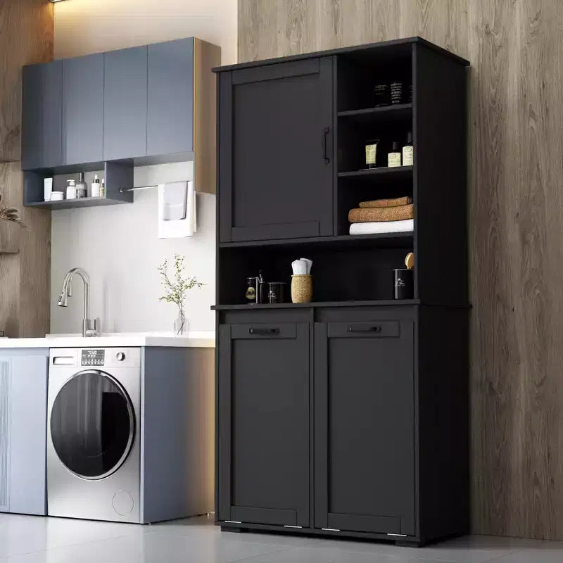 VIYET 63 Meuble de buanderie autoportant noir - Panneau de particules + MDF, panier basculant, étagères réglables et rangements multiples