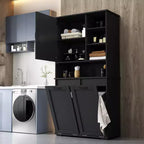 VIYET 63 Meuble de buanderie autoportant noir - Panneau de particules + MDF, panier basculant, étagères réglables et rangements multiples