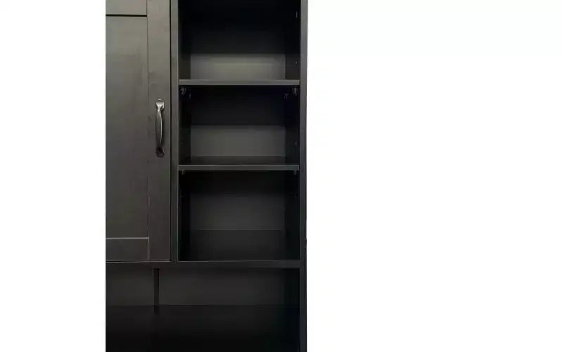 VIYET 63 Meuble de buanderie autoportant noir - Panneau de particules + MDF, panier basculant, étagères réglables et rangements multiples