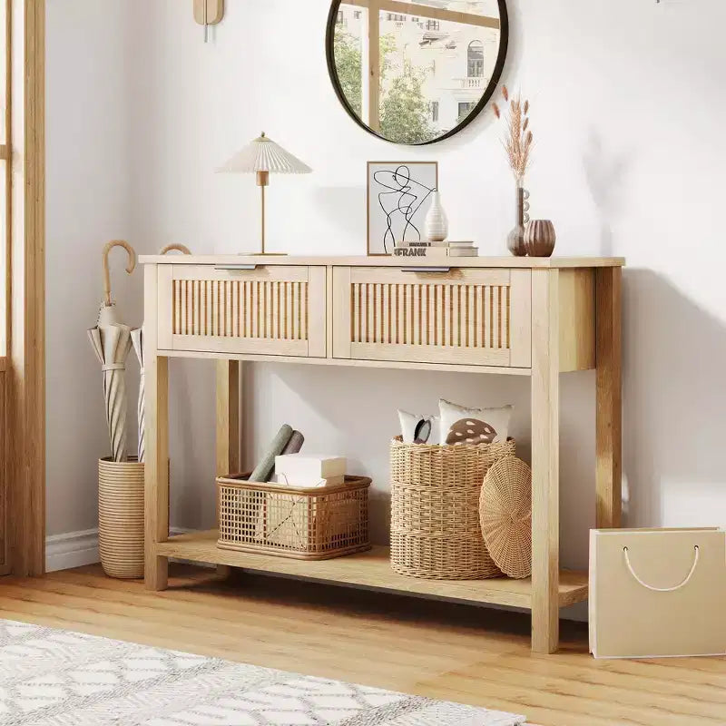 Table console avec 2 tiroirs cannelés, table d'entrée de 109 cm avec étagère de rangement ouverte, rangement pour l'entrée derrière le canapé