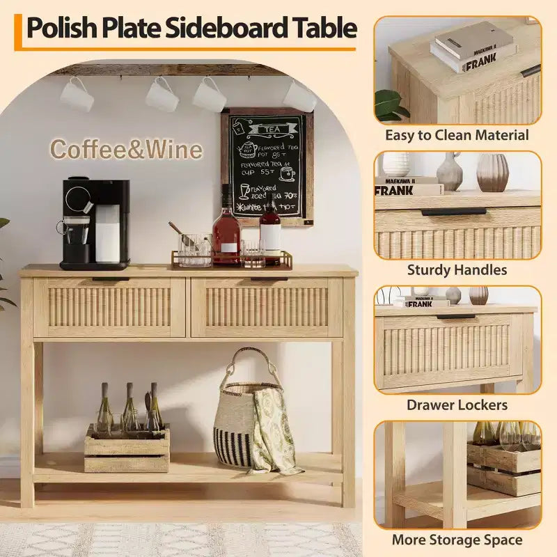 Table console avec 2 tiroirs cannelés, table d'entrée de 109 cm avec étagère de rangement ouverte, rangement pour l'entrée derrière le canapé