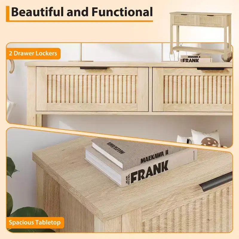 Table console avec 2 tiroirs cannelés, table d'entrée de 109 cm avec étagère de rangement ouverte, rangement pour l'entrée derrière le canapé