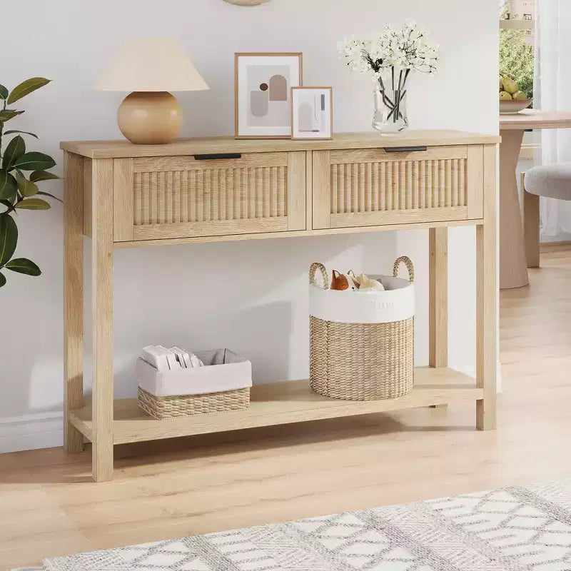 Table console avec 2 tiroirs cannelés, table d'entrée de 109 cm avec étagère de rangement ouverte, rangement pour l'entrée derrière le canapé