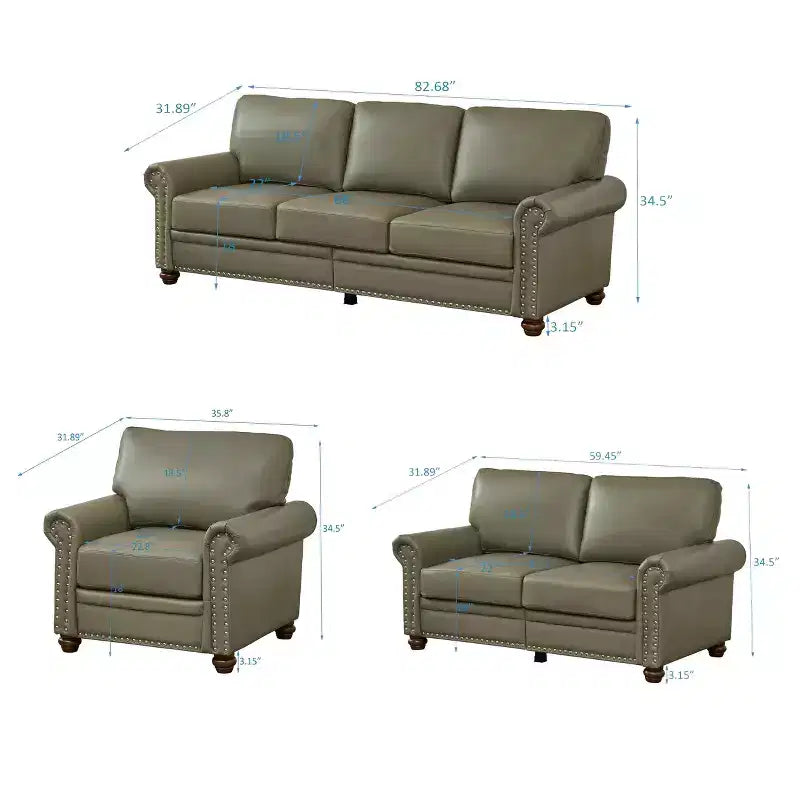 MAYEERTY Canapé sectionnel 3 pièces en similicuir avec rangement et clous décoratifs argentés pour salon, couleur taupe