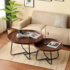 Table basse moderne, petite table d'appoint ronde avec base géométrique en fer et plateau en MDF noyer, table d'appoint compacte pour salon, bureau, dortoir