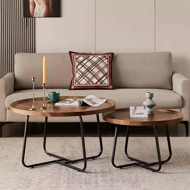 Table basse moderne, petite table d'appoint ronde avec base géométrique en fer et plateau en MDF noyer, table d'appoint compacte pour salon, bureau, dortoir