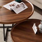 Table basse moderne, petite table d'appoint ronde avec base géométrique en fer et plateau en MDF noyer, table d'appoint compacte pour salon, bureau, dortoir