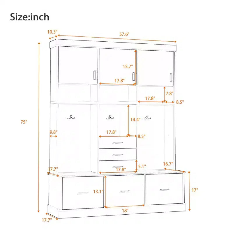 Meuble d'entrée 75H avec banc de rangement, portemanteau autoportant avec 6 tiroirs et 3 armoires, banc d'entrée en bois pour salon, buanderie