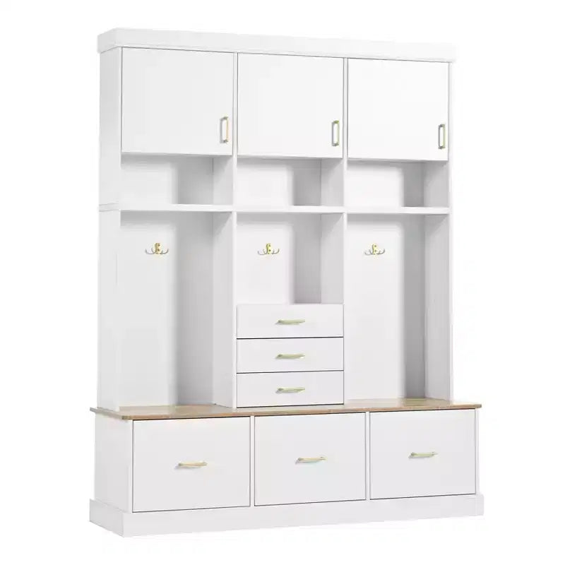 Meuble d'entrée 75H avec banc de rangement, portemanteau autoportant avec 6 tiroirs et 3 armoires, banc d'entrée en bois pour salon, buanderie