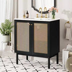 Meuble-lavabo de 76 cm avec porte en rotin, mécanisme de fermeture en douceur, adapté à une utilisation en salle de bain