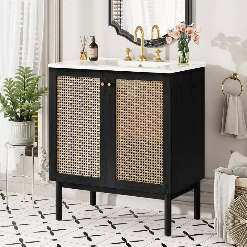 Meuble-lavabo de 76 cm avec porte en rotin, mécanisme de fermeture en douceur, adapté à une utilisation en salle de bain