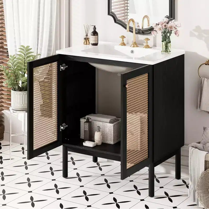Meuble-lavabo de 76 cm avec porte en rotin, mécanisme de fermeture en douceur, adapté à une utilisation en salle de bain