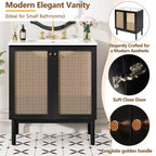Meuble-lavabo de 76 cm avec porte en rotin, mécanisme de fermeture en douceur, adapté à une utilisation en salle de bain