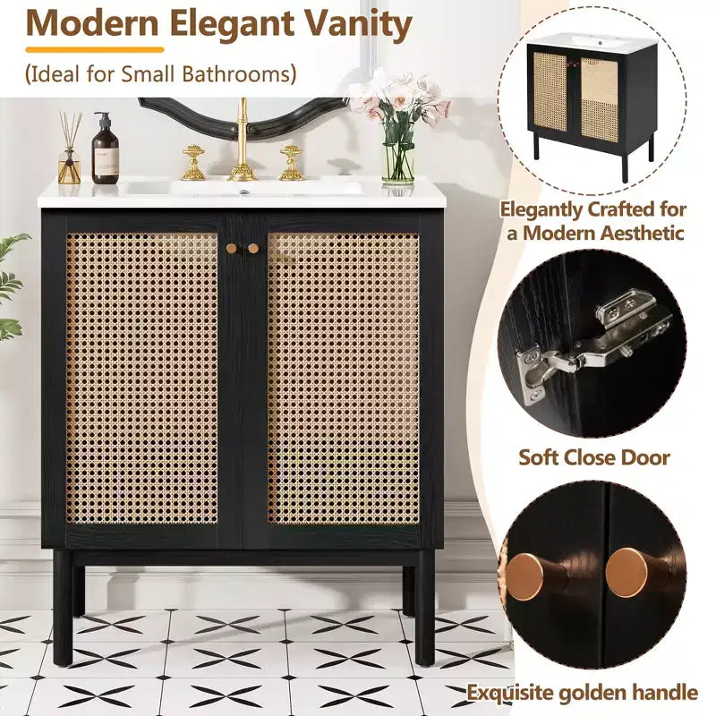 Meuble-lavabo de 76 cm avec porte en rotin, mécanisme de fermeture en douceur, adapté à une utilisation en salle de bain