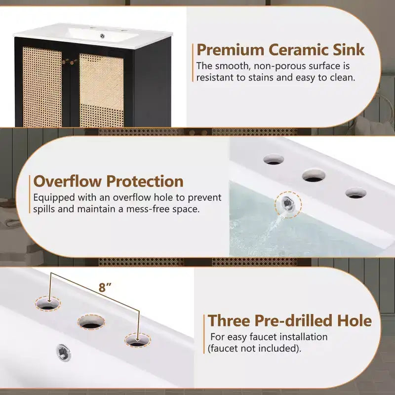 Meuble-lavabo de 76 cm avec porte en rotin, mécanisme de fermeture en douceur, adapté à une utilisation en salle de bain