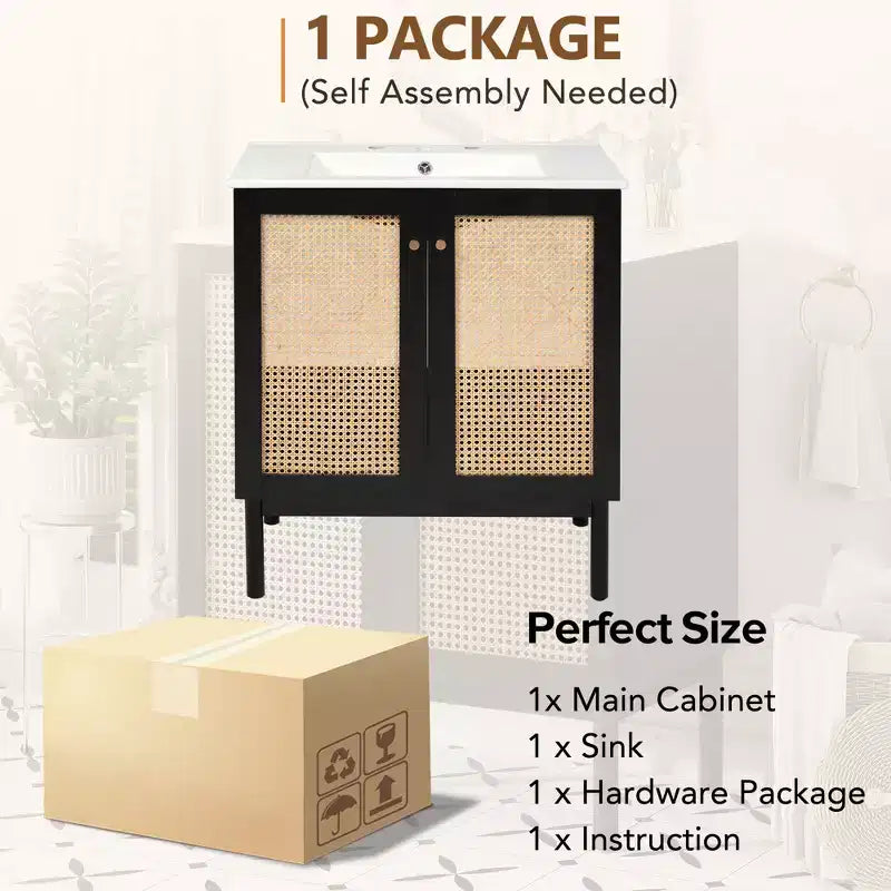Meuble-lavabo de 76 cm avec porte en rotin, mécanisme de fermeture en douceur, adapté à une utilisation en salle de bain