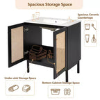 Meuble-lavabo de 76 cm avec porte en rotin, mécanisme de fermeture en douceur, adapté à une utilisation en salle de bain