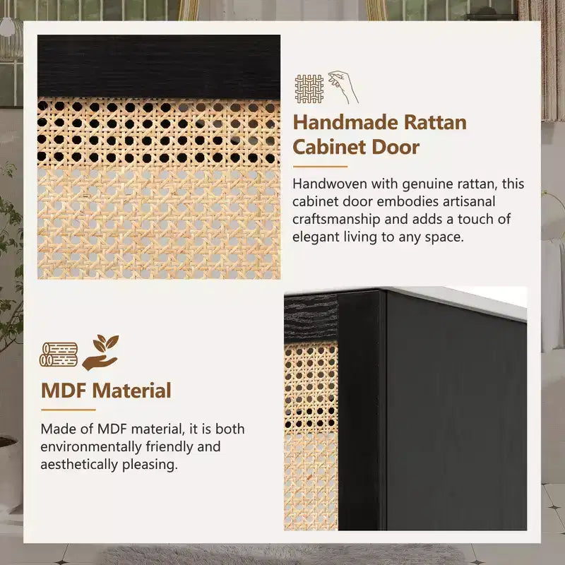 Meuble-lavabo de 76 cm avec porte en rotin, mécanisme de fermeture en douceur, adapté à une utilisation en salle de bain