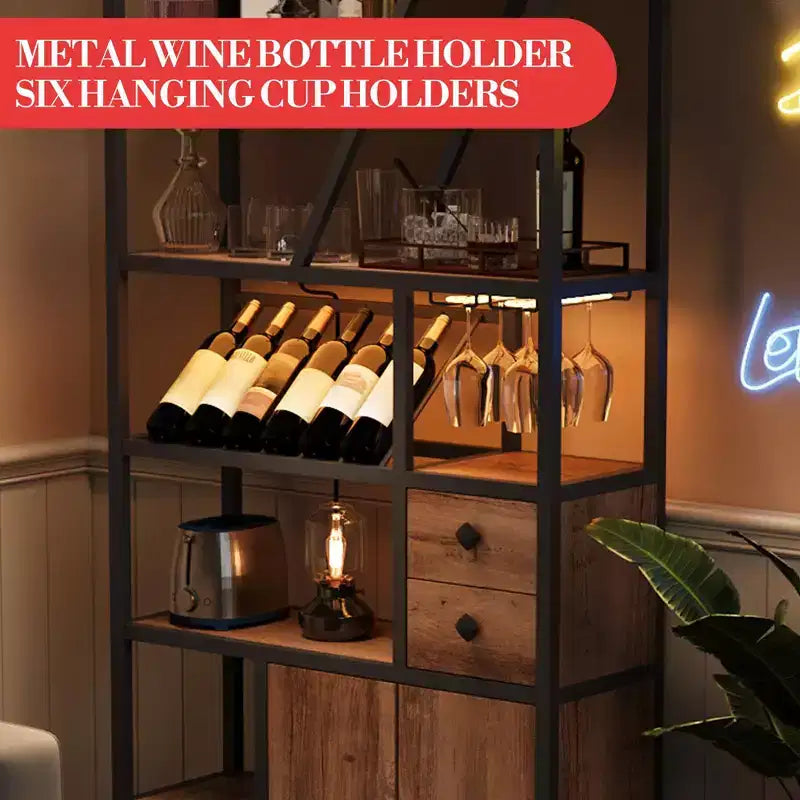 Meuble de Bar Multifonctionnel avec Porte-Verres, Étagère de Rangement Haute et Support pour Micro-Ondes de Cuisine pour Utilisation dans le Salon, la Salle à Manger ou la Cuisine