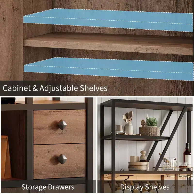 Meuble de Bar Multifonctionnel avec Porte-Verres, Étagère de Rangement Haute et Support pour Micro-Ondes de Cuisine pour Utilisation dans le Salon, la Salle à Manger ou la Cuisine