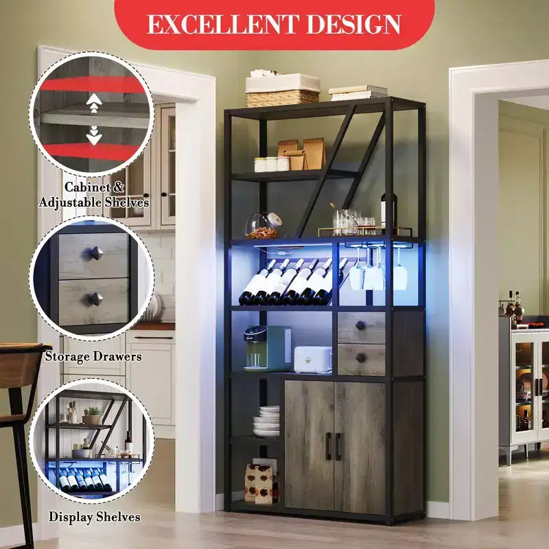 Meuble de Bar Multifonctionnel avec Porte-Verres, Étagère de Rangement Haute et Support pour Micro-Ondes de Cuisine pour Utilisation dans le Salon, la Salle à Manger ou la Cuisine