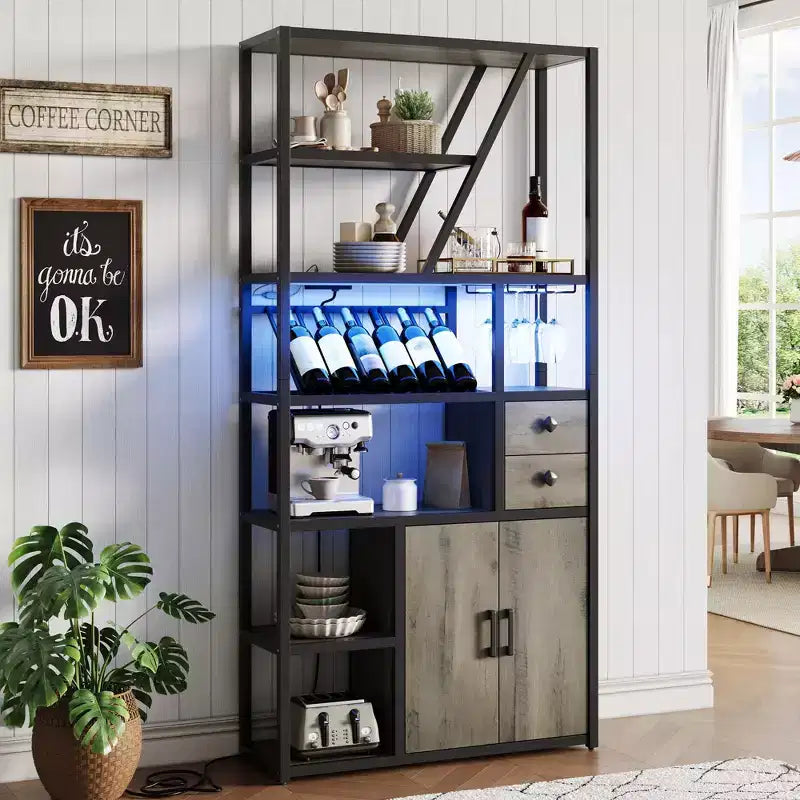 Meuble de Bar Multifonctionnel avec Porte-Verres, Étagère de Rangement Haute et Support pour Micro-Ondes de Cuisine pour Utilisation dans le Salon, la Salle à Manger ou la Cuisine
