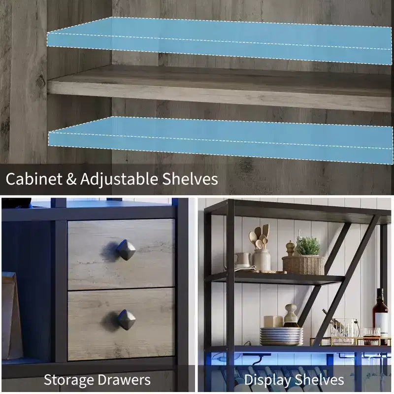 Meuble de Bar Multifonctionnel avec Porte-Verres, Étagère de Rangement Haute et Support pour Micro-Ondes de Cuisine pour Utilisation dans le Salon, la Salle à Manger ou la Cuisine