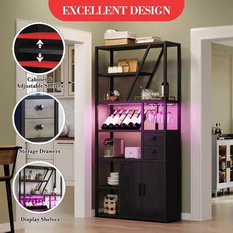 Meuble de Bar Multifonctionnel avec Porte-Verres, Étagère de Rangement Haute et Support pour Micro-Ondes de Cuisine pour Utilisation dans le Salon, la Salle à Manger ou la Cuisine