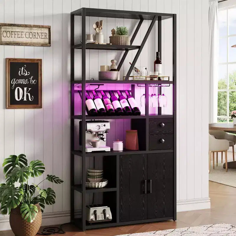 Meuble de Bar Multifonctionnel avec Porte-Verres, Étagère de Rangement Haute et Support pour Micro-Ondes de Cuisine pour Utilisation dans le Salon, la Salle à Manger ou la Cuisine