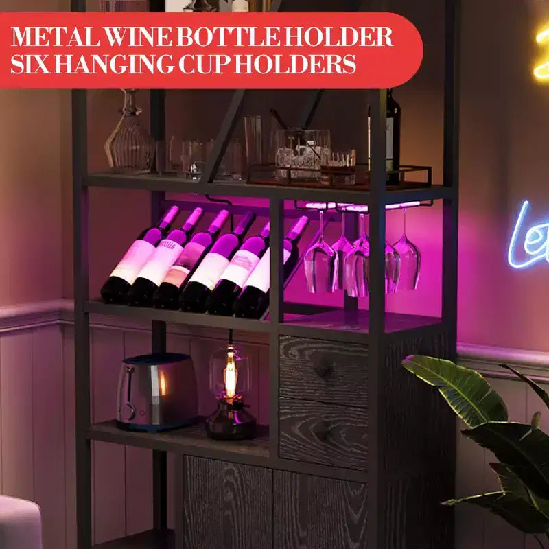 Meuble de Bar Multifonctionnel avec Porte-Verres, Étagère de Rangement Haute et Support pour Micro-Ondes de Cuisine pour Utilisation dans le Salon, la Salle à Manger ou la Cuisine