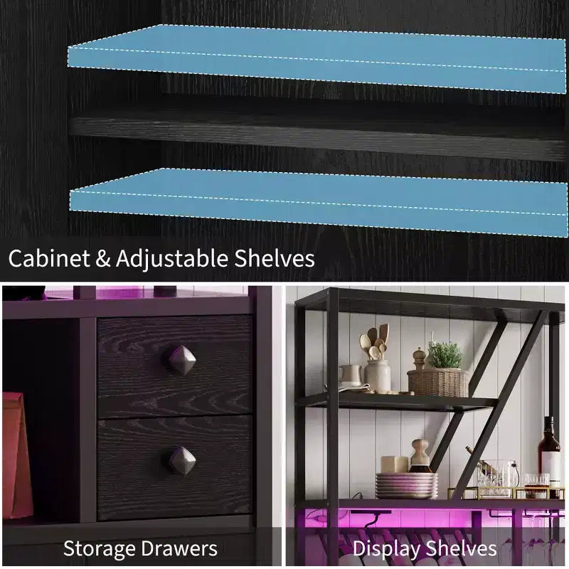 Meuble de Bar Multifonctionnel avec Porte-Verres, Étagère de Rangement Haute et Support pour Micro-Ondes de Cuisine pour Utilisation dans le Salon, la Salle à Manger ou la Cuisine