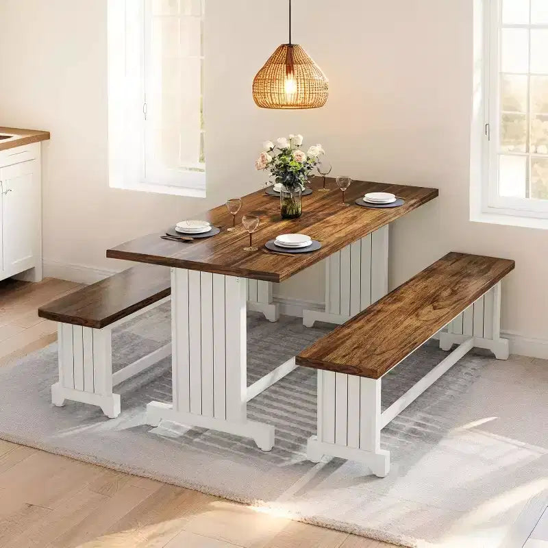 Lantine Ensemble Table à Manger 2 Personnes 119 cm, Table de Cuisine 3 Pièces avec Bancs pour Petits Espaces, Appartement, Blanc et Marron Rustique