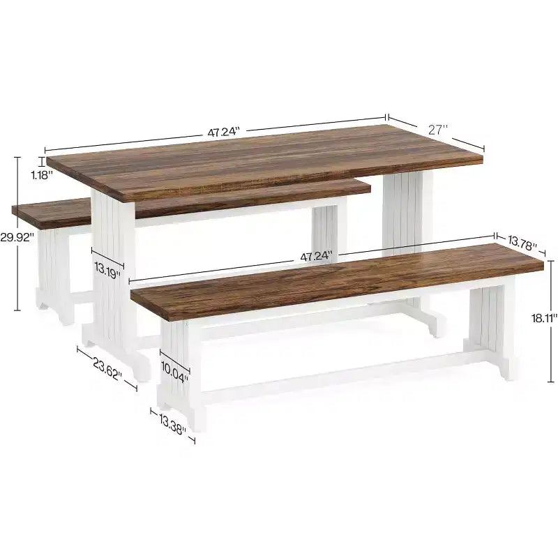 Lantine Ensemble Table à Manger 2 Personnes 119 cm, Table de Cuisine 3 Pièces avec Bancs pour Petits Espaces, Appartement, Blanc et Marron Rustique