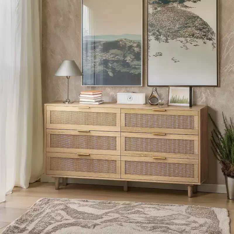 JVNOXK Commode de rangement en bois à 6 tiroirs de 51,18 pouces avec tiroirs en rotin naturel, convient pour les chambres et les salons, finition naturelle